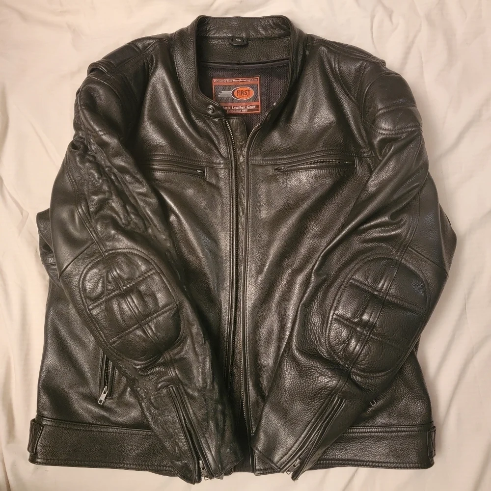 FIRST Classic  Black Leather Moto Biker Motorcycle Racer Jacket Men Size…